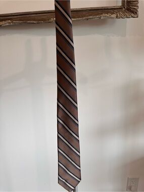 Louis Feraud Brown Tie with Navy and Cream Stripes